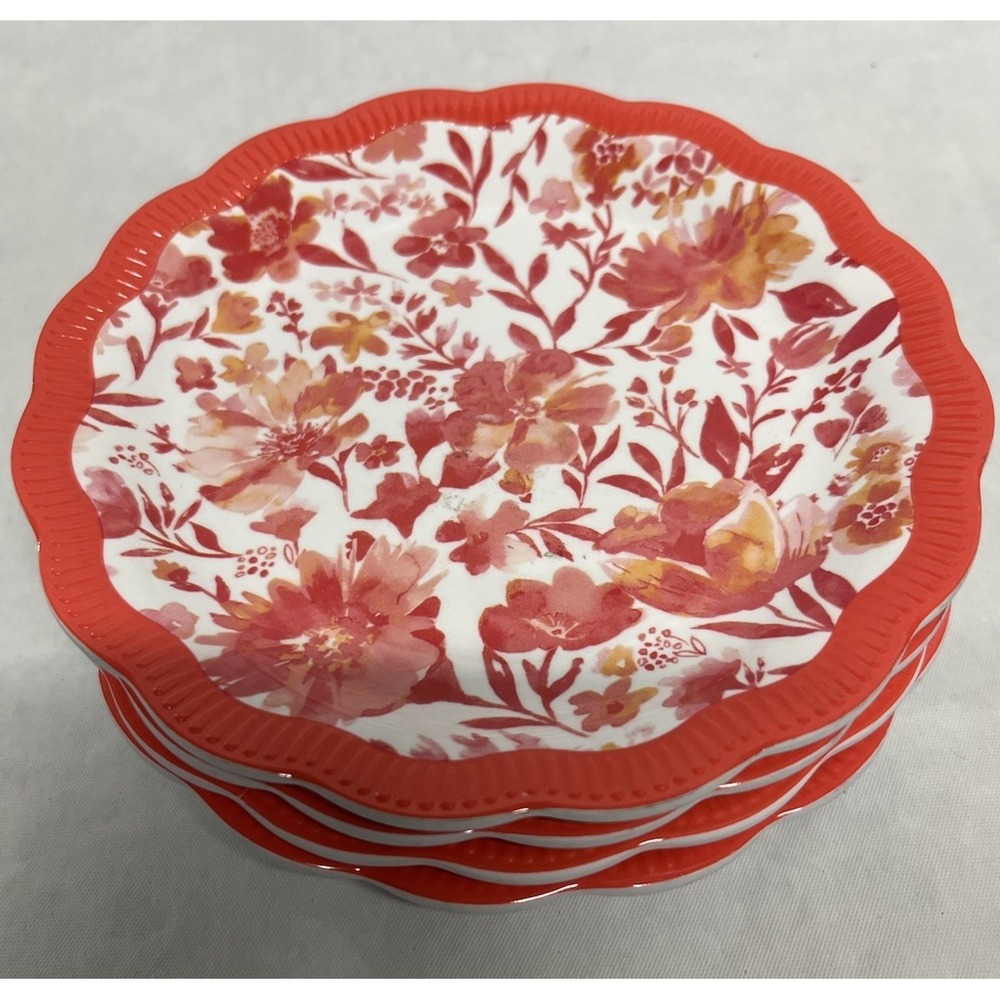 Set Of 6 Pioneer Woman Painterly Floral Coral Melamine Appetizer Plates